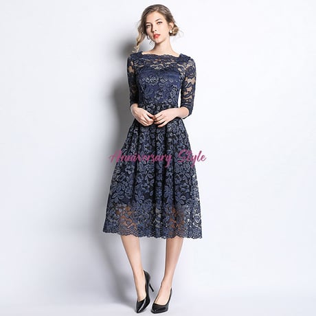 パーティードレス ワンピース ネイビー M L 結婚式 上品感 スクエアネック 花柄 総レース MD-S662246 レディース
