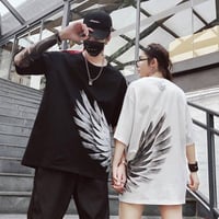 ペアルック カップル ペアTシャツ ペア カップル 半袖Ｔシャツ 切り替え 体型カバー 着痩せ 羽根柄 大きいサイズ 男女兼用 ユニセックス 黒 白 S-3XL 215603