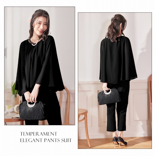 パンツスーツ レディース 40代 50代 ゆったり S M L 2L 3L 黒
