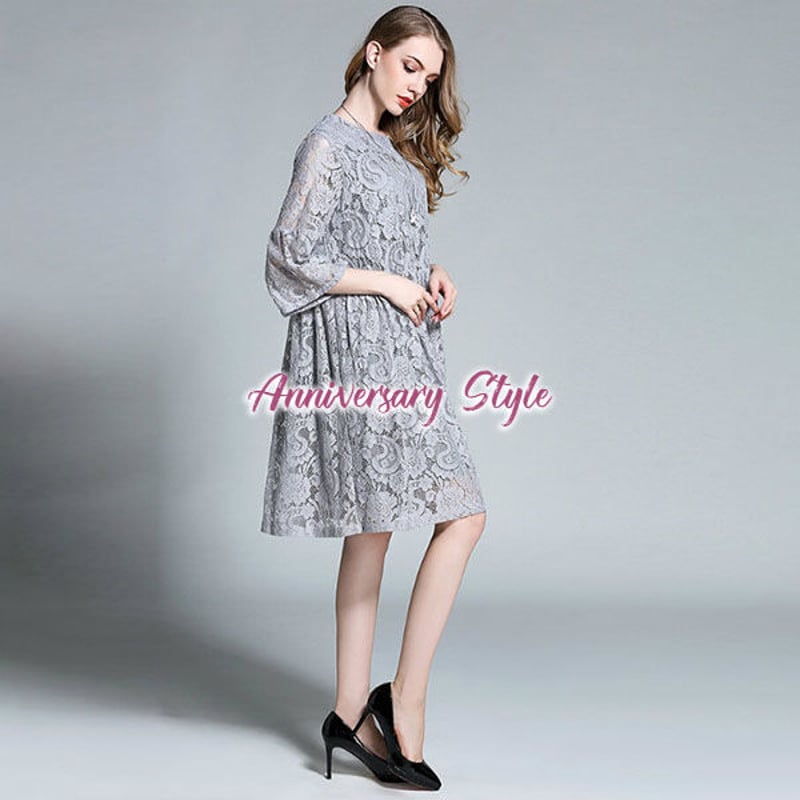 パーティードレス M-6L 即納有 紺 グレー ぽっちゃり ゆったり レース