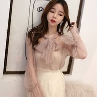 ピンク 即納 トップス 黒 キャミ付 レディース メッシュプリーツ シースルー7206546 リボン 大人可愛い フレアスリーブ 長袖 ブラウス