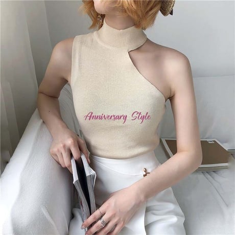肩出し トップス ベージュ 白 茶 黒 即納 ニット ワンショルダー ノースリーブ 90014016 アメリカンスリーブ Free 90014576