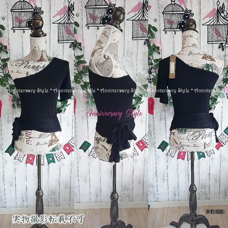 ワンショルダー トップス 黒 即納 半袖 Tシャツ リボン オフ