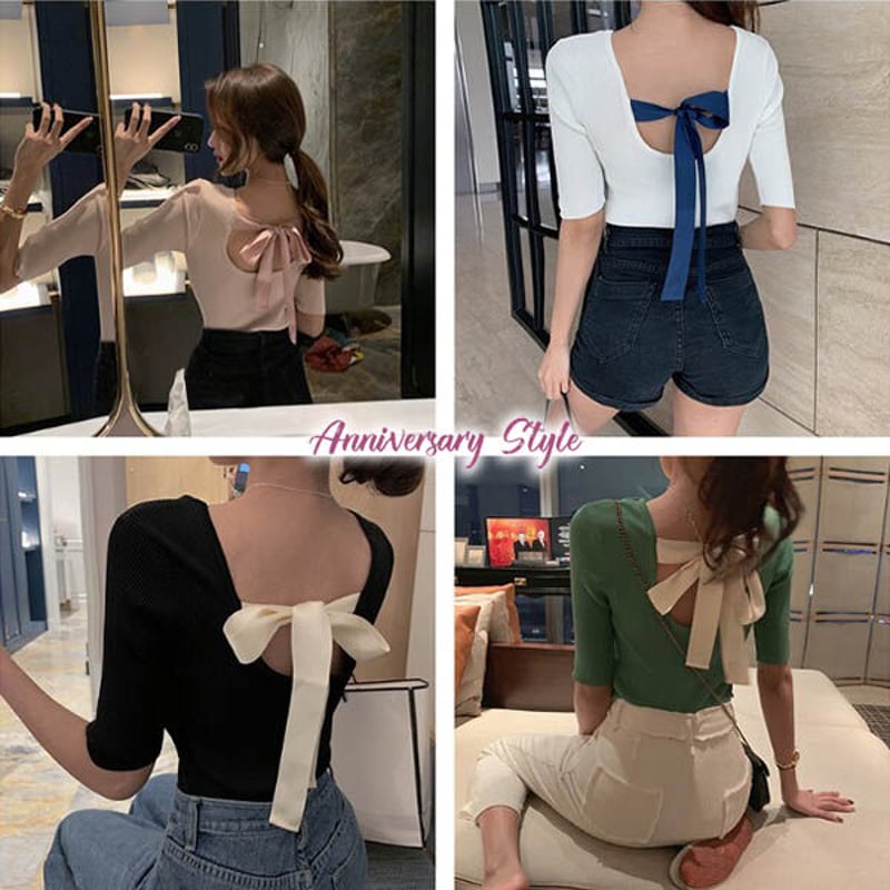 背中開き 背中見せ トップス 6色 即納 バックオープン バックリボン