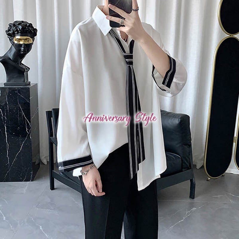 【ネクタイシャツ】 長袖　チェック柄　古着　ユニセックス　ゆるダボ　ブラウン ネクタイシャツ】 長袖 サテン生地 総柄 古着 メンズ ユニ