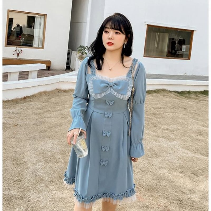 ワンピース 黒 水色 2L 3L 4L 5L 大きいサイズ ぽっちゃりさん 大人