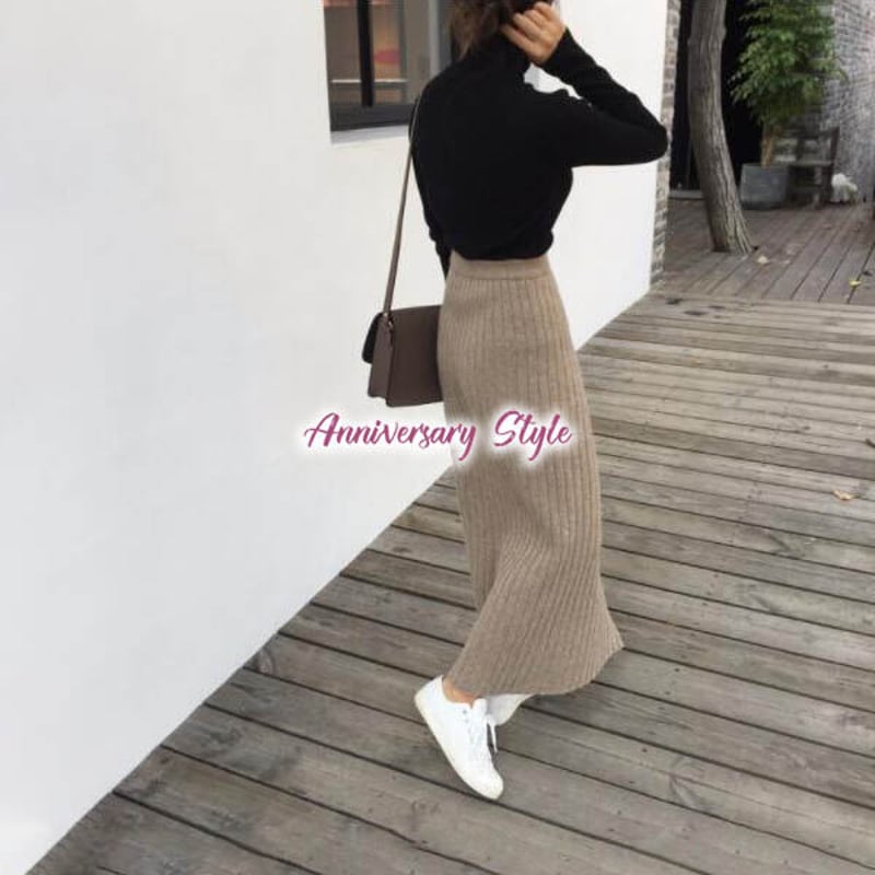 ニット スカート 黒即納 ベージュ フリー スリット ボトムス