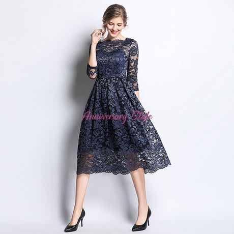 パーティードレス ワンピース ネイビー M L 結婚式 上品感 スクエアネック 花柄 総レース MD-S662246 レディース