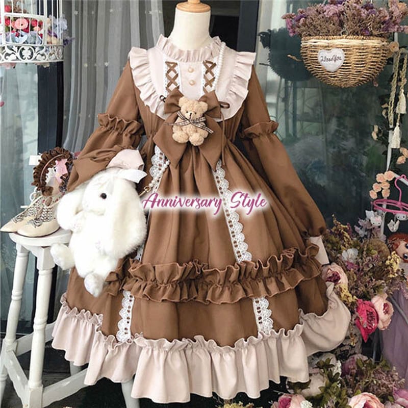 【土曜セール】ゴスロリ・ロリータドレス 水色茶色 ロリータ ドレス ワンピース 茶 L M ヘッドドレス付 水色 可愛い