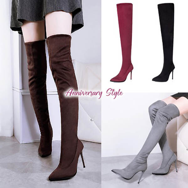 ニーハイブーツ 2色 ヒール高さ 2.5cm/4.5cm ジップ スエード調