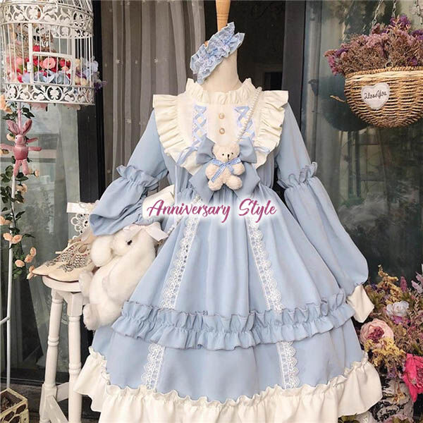 【土曜セール】ゴスロリ・ロリータドレス 水色茶色 ロリータ ドレス ワンピース 茶 L M ヘッドドレス付 水色 可愛い