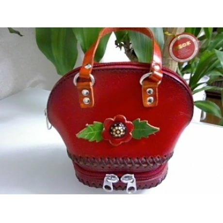ハンドバッグ 赤 紫 茶 花柄 セパレート  鏡付き 本革 牛革 手作り 化粧ポーチ 個性的 PG-60616