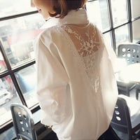 背中開き トップス 白 S-5XL 即納 ぽっちゃり 大きいサイズ  レディース シャツ pl3076 ブラウス バックレース シンプル 長袖