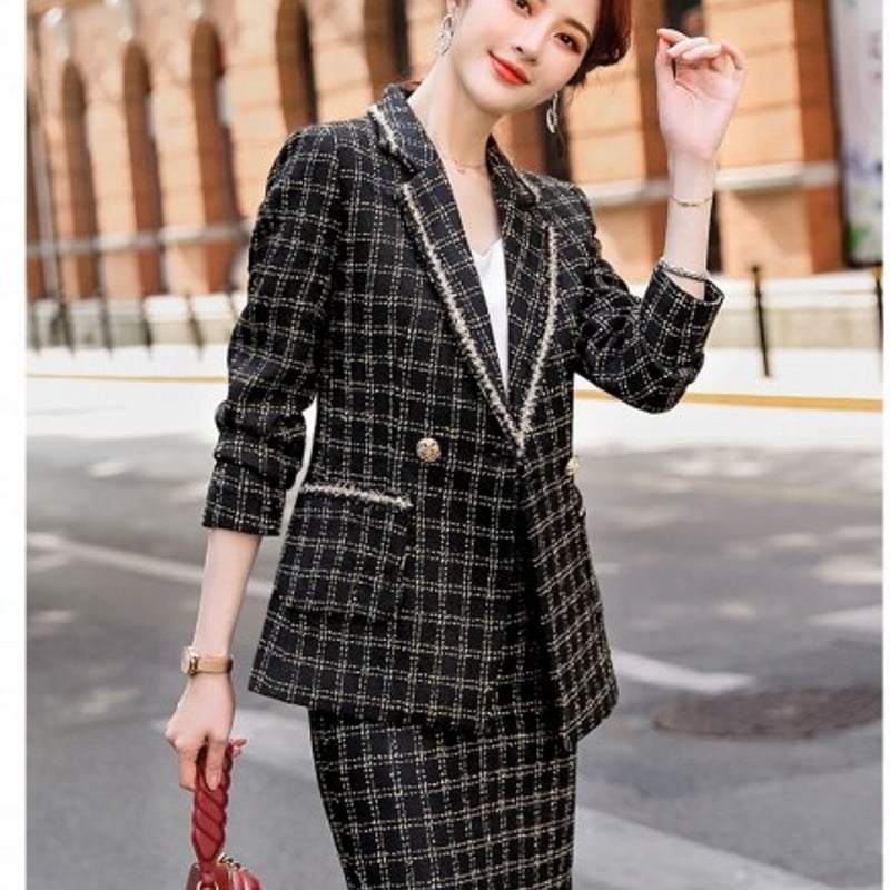 スカートスーツ ツイード S-5L 黒 白 パーティー 結婚式 二次会