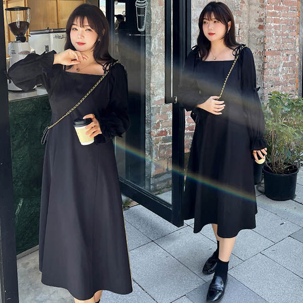 ワンピース 2L-5L 黒 ロング ぽっちゃり 大きいサイズ 大人可愛い YT