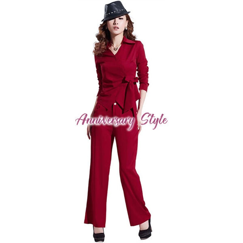 パンツスーツ S-3L 青 紺 赤 緑 黒 ベージュ ツーピース 長袖 袖