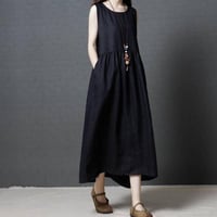 綿麻ワンピース 黒 L 2XL 即納 3色 M 2L ノースリーブ コットン リネン レディース 夏秋 ファション nlw1226 夏服 森ガール シンプル ナチュラル ギャザー ミモレ丈