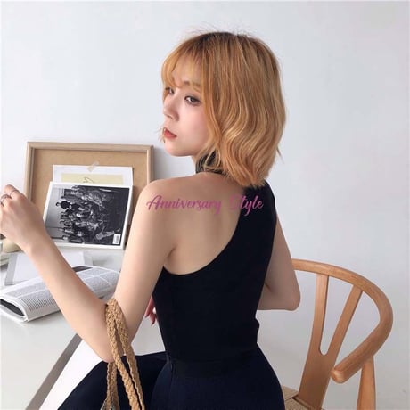肩出し トップス ベージュ 白 茶 黒 即納 ニット ワンショルダー ノースリーブ 90014016 アメリカンスリーブ Free 90014576