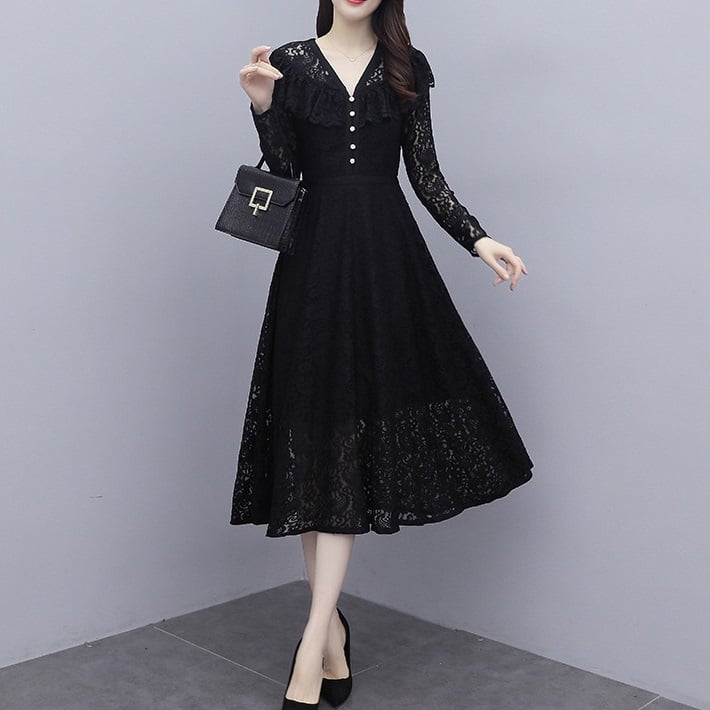フリル付き黒のロングドレスM、美品、ゴージャス XSサイズあり【Glossy/グロッシー】マーメイド/ レース