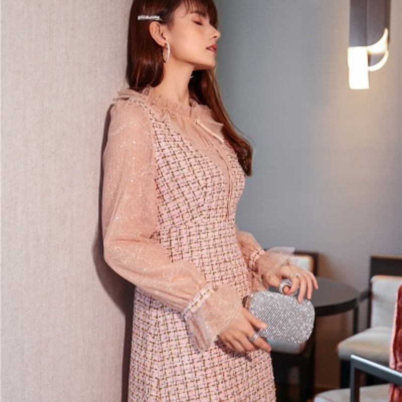 ツイード ワンピース ピンク S M L パーティー 結婚式 二次会 披露宴