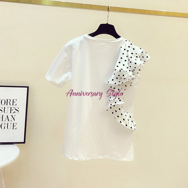 Hillda ドット柄フリル付き黒半袖Tシャツ Tシャツ レディース