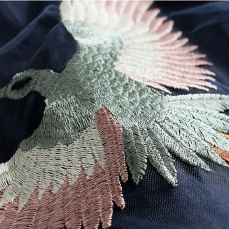 パーティードレス M マキシワンピース 異素材切替 ゆったり ロングドレス ワンピース ネイビー T851046 鳳凰 刺繍ドレス シースルー メッシュ 長袖