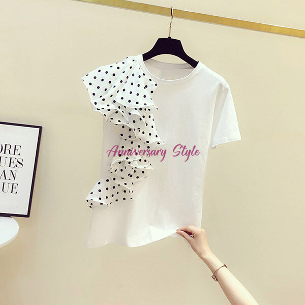 Tシャツ レディース 半袖 トップス フリル 水玉 白 M 即納 黒