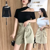 トップス 即納 S-3L 黒 白 半袖 長袖 Ｔシャツ オフショルダー スリム 無地 韓国風 セクシー 7240206 肩出し カットソー レディース ブラック ホワイト 切込み