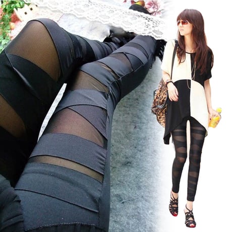 レギンス ぐるぐる巻き 黒 S～M 即納 編み上げ シースルー dg-82a スパッツ ボトムス ブラック 美脚シルエット ストレッチ パンツ レディース レギパン オシャレ 可愛い