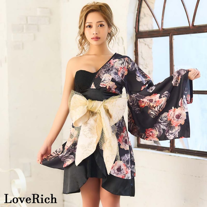 ワンショルダー レース 花柄 ミニ 豪華 花魁 着物 ドレス コスプレ