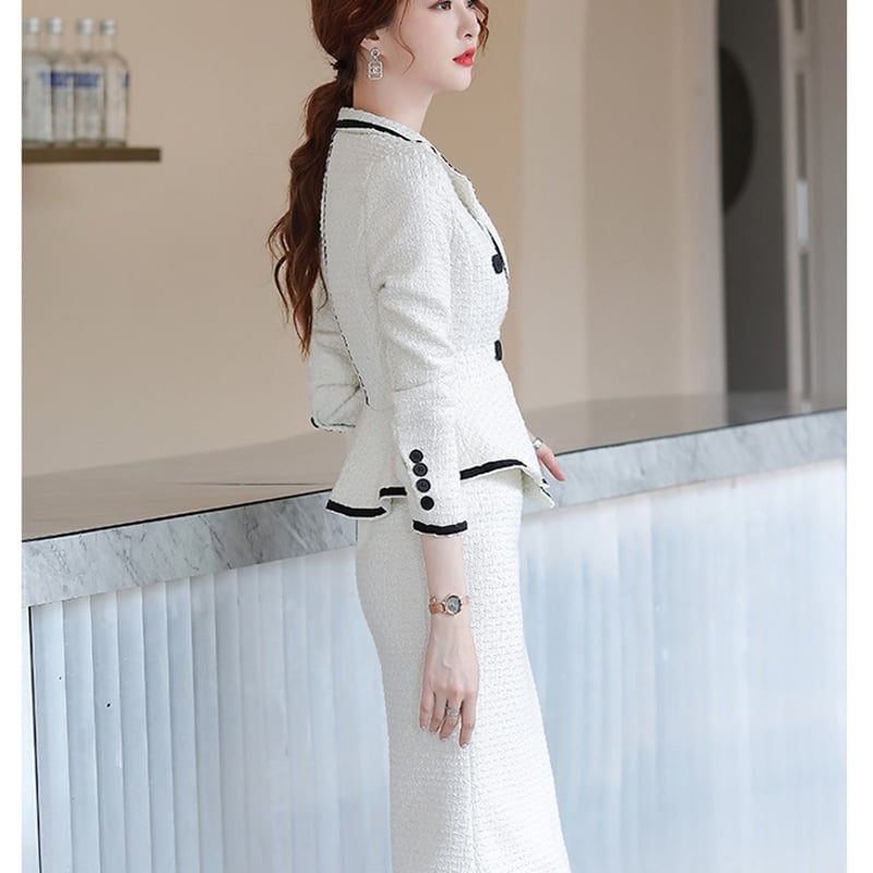 スカートスーツ ツイード S-5L 黒 白 パーティー 結婚式 二次会  