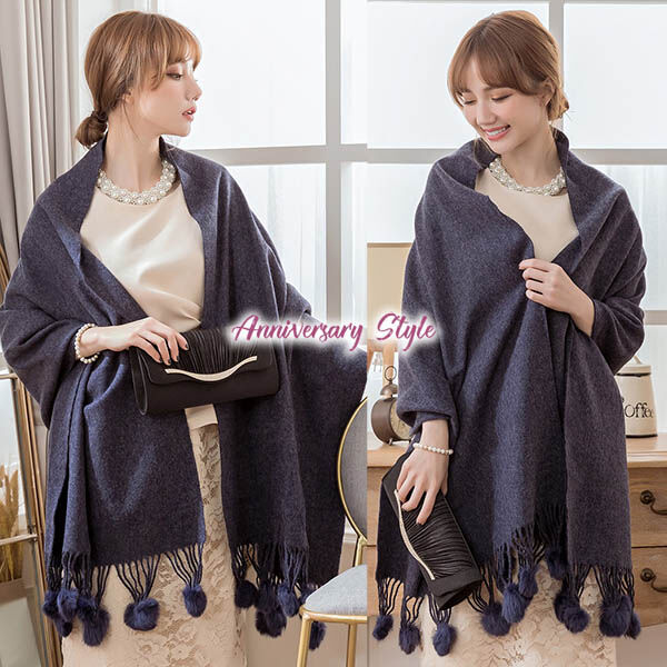 マザー　大判 ショール ボンボン ネイビー 大人可愛いい fit=scale-down,w=1200