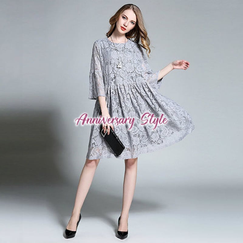 パーティードレス M-6L 即納有 紺 グレー ぽっちゃり ゆったり レース