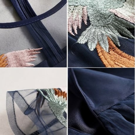 パーティードレス M マキシワンピース 異素材切替 ゆったり ロングドレス ワンピース ネイビー T851046 鳳凰 刺繍ドレス シースルー メッシュ 長袖