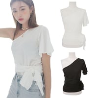 ワンショルダー トップス 黒 即納 半袖 Ｔシャツ リボン オフショルダー スリム 無地 シンプル 2169556 ナチュラル 服 服装 個性的 カットソー ブラック
