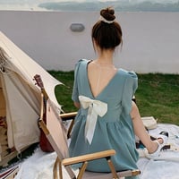 ワンピース 2L (L寄り) 即納 背中開き ミニ S M L 3L 黒 アクア ベージュ 半袖 ぽっちゃり ASY-310826 大きいサイズ パフスリーブ リボン