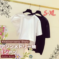 Tシャツ レディース 半袖 アシンメトリー トップス S-XL 黒 白 即納 有 2127246 ゆったり ラウンドネック デザイン 個性的 森ガール カットソー 丸襟 無地