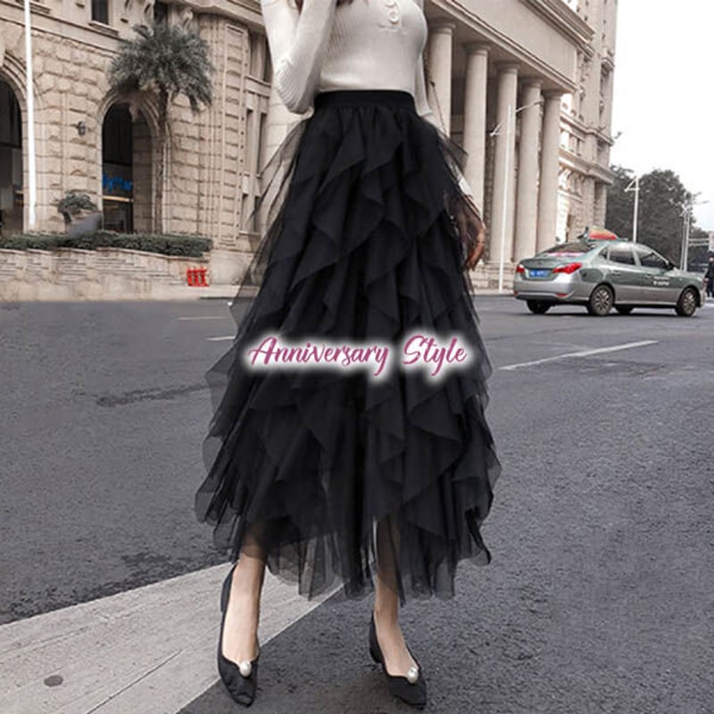 Treat ürself グレー フリル チュール フレアスカート チュールフリルフレアスカート