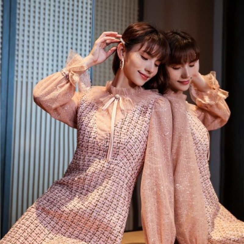 ツイード ワンピース ピンク S M L パーティー 結婚式 二次会 披露宴
