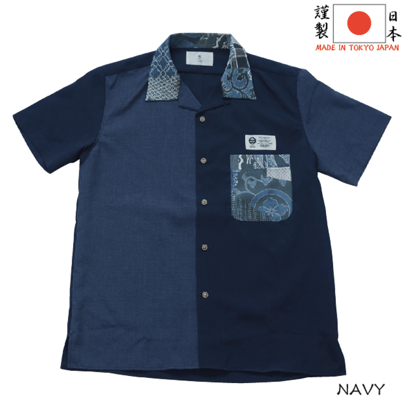 衿がツギハギの開襟シャツ An open-collared shirt that looks
