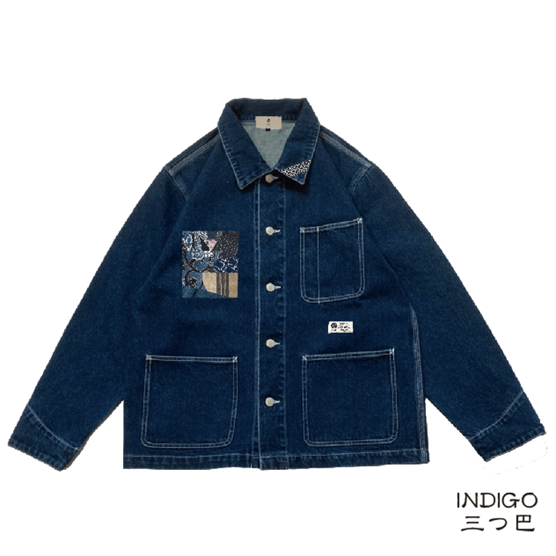 和のデニムカバーオール 三つ巴 Japanese denim coverall three-t