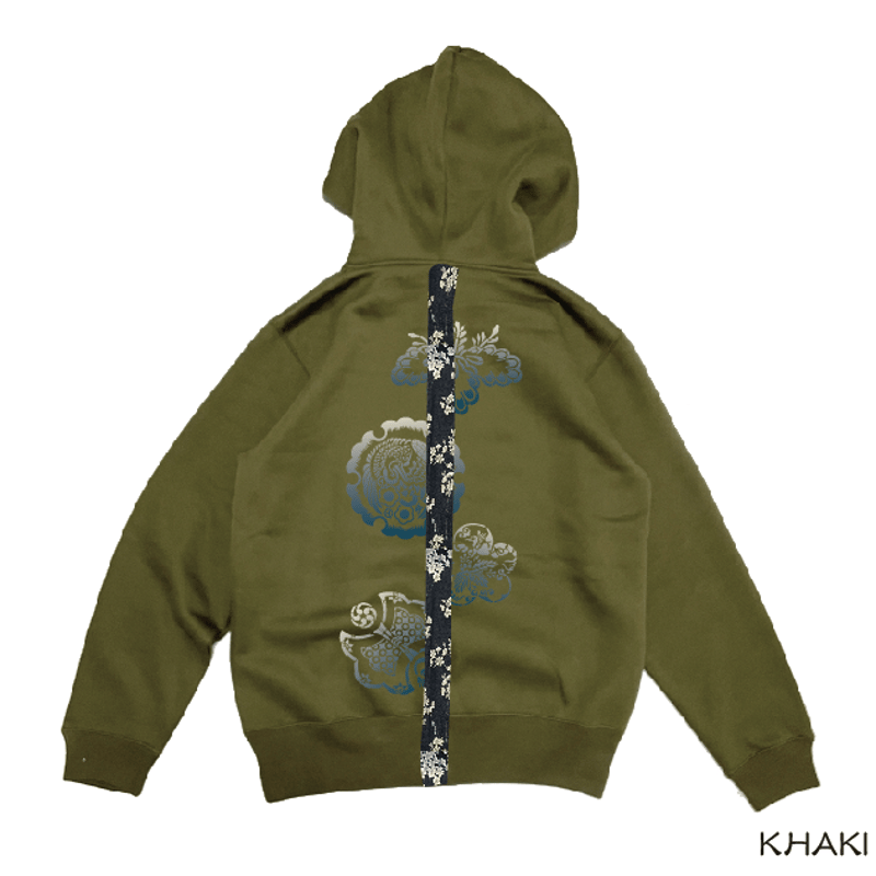 袖に和生地ラインジップパーカー Lined zip hoodie on sleeves KJ-