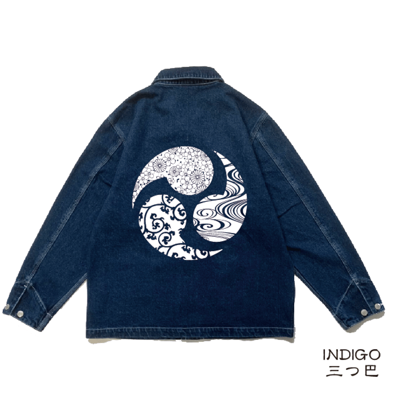和のデニムカバーオール 三つ巴 Japanese denim coverall three-t