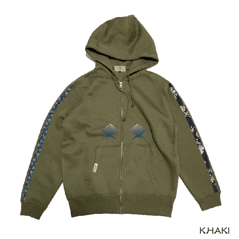 袖に和生地ラインジップパーカー Lined zip hoodie on sleeves KJ-