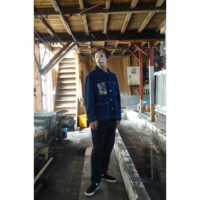 和のデニムカバーオール 三つ巴 Japanese denim coverall three-t
