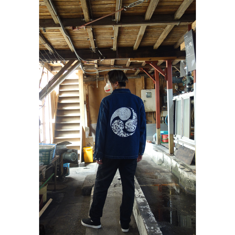和のデニムカバーオール 三つ巴 Japanese denim coverall three-t