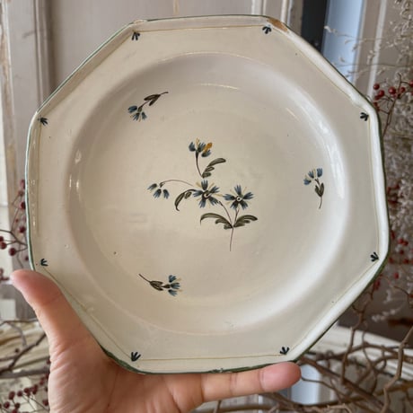 Faience オクトゴナル/手彩色の花・19世紀フランス