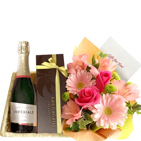 誕生日 【お花 ワイン スイーツのギフト】フランス 「キュヴェ・トラディション」375ml チョコレート菓子専門店「LES CACAOS」焼き菓子5個 送料無料