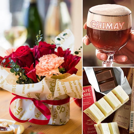 誕生日ギフト 赤い薔薇とオレンジカーネーションの生花アレンジメント＆ベルギーのクラフトビール「シメイ・レッド」750ml ベルギーのチョコレートお酒 ビールとお花 ギフト メッセージカード付き
