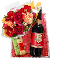 誕生日ギフト 赤い薔薇とオレンジカーネーションの生花アレンジメント＆ベルギーのクラフトビール「シメイ・レッド」750ml ベルギーのチョコレートお酒 ビールとお花 ギフト メッセージカード付き